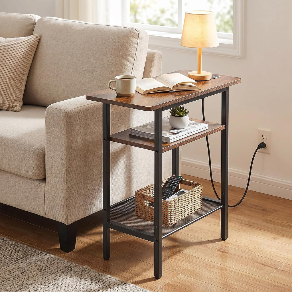 HOOBRO Side Table, Narrow End Table with Shelf and Charging Station, 3-Tier Bedside Tables with Wide Storage Tabletop for for Small Spaces, Living Room, Bedroom, Rustic Brown and Black BF366UBZ01