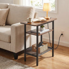 HOOBRO Side Table, Narrow End Table with Shelf and Charging Station, 3-Tier Bedside Tables with Wide Storage Tabletop for for Small Spaces, Living Room, Bedroom, Rustic Brown and Black BF366UBZ01