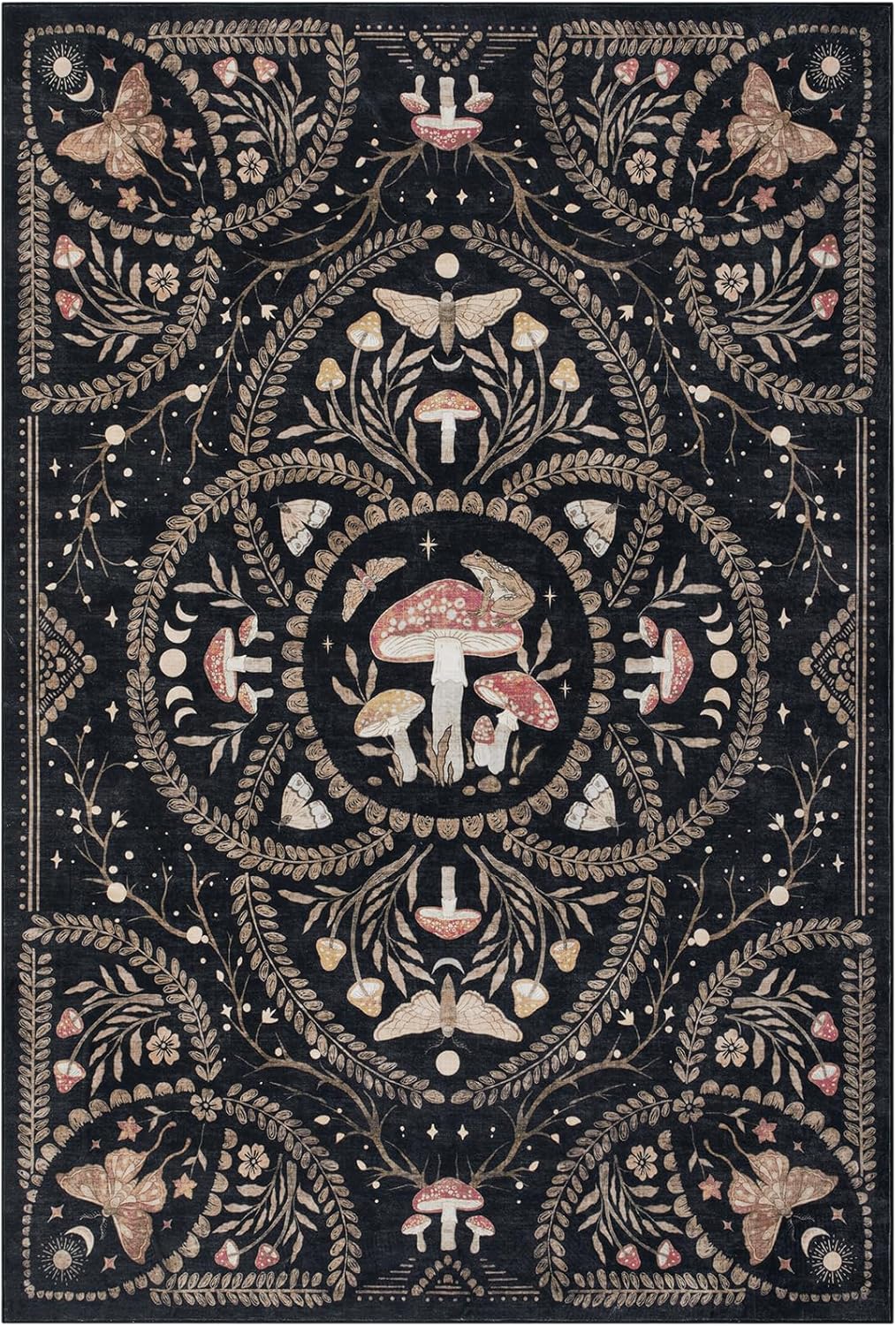 Garvee Mushroom 5x7 Area Rugs for Living Room, Dark Academia Gothic Rug, Non Slip Animal Print Washable Rugs 5x7 Low Pile Bedroom Decor Bug Carpet with Rubber for Playroom Dining Room Office, Black