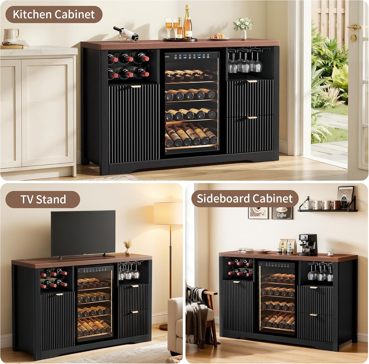Coffee Bar Cabinet with Fridge Space, 53" L Wine Cabinets with Storage Drawer, Wood Buffet Sideboard Table, Fluted Liquor Cabinet with Wine Rack for Home, Living Room,20"D x 53.1"W x 39.4"H-Black