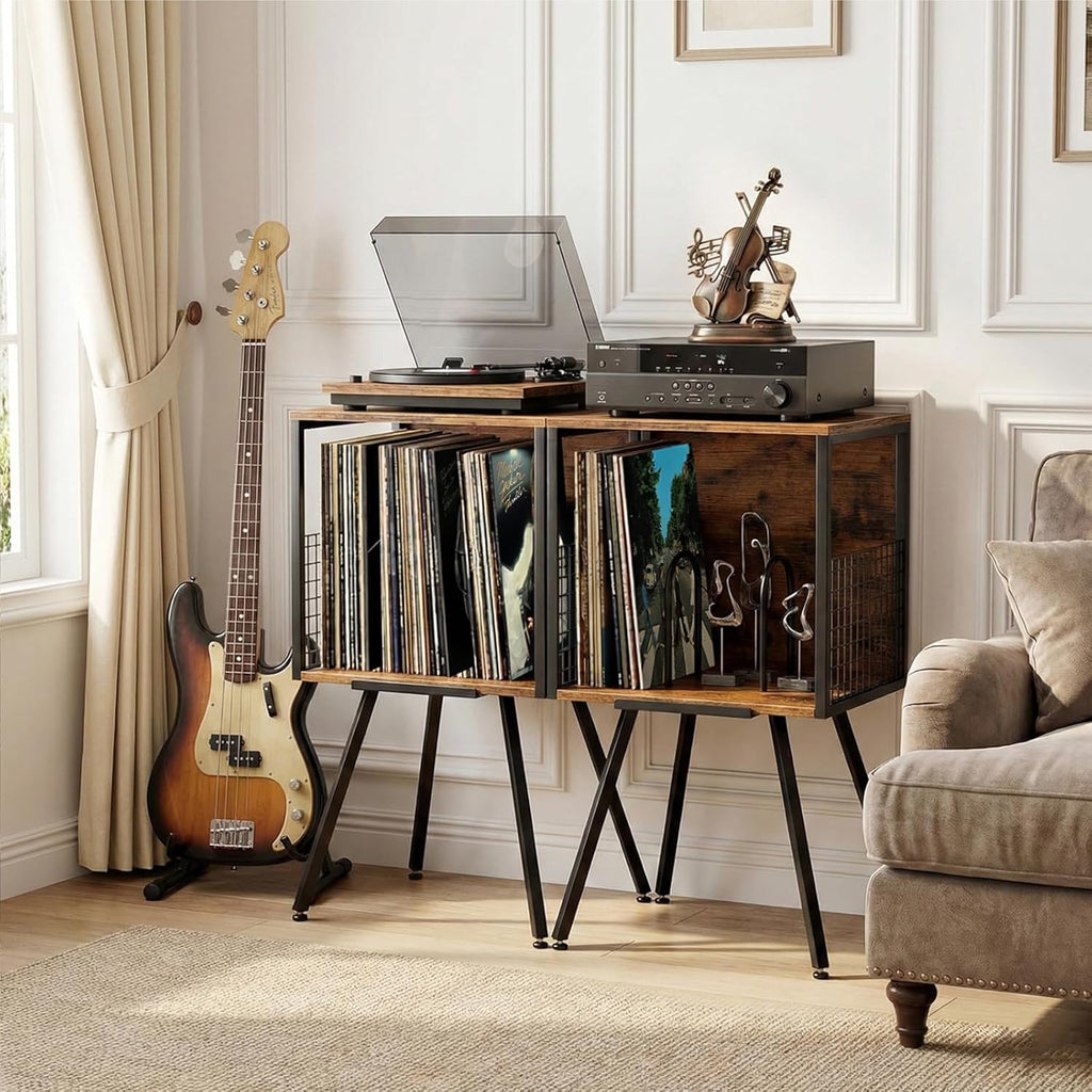 Faesun Record Player Stand with Storage Holds 100+ Vinyl Records, Industrial Turntable Stand with Storage Shelf, LP Album Organizer Cabinet for Small Spaces,Rustic End Table