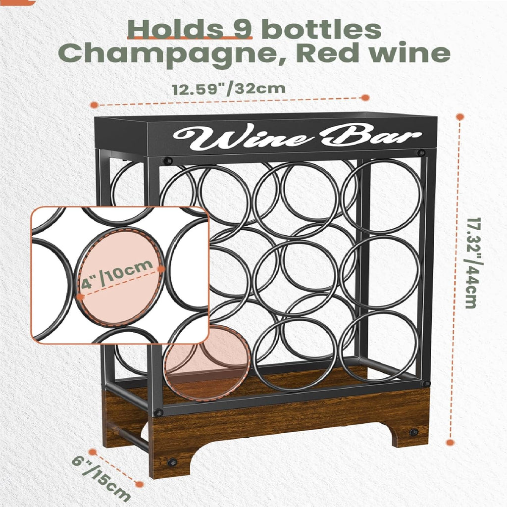 9 Bottles Wine Racks Countertop Freestanding with Top Tray, Modern Black Metal &Wood, 3 Tier Tabletop Wine Holder Stand for Home Kitchen Bar, Cabinet, Pantry, Wine Bottle Storage