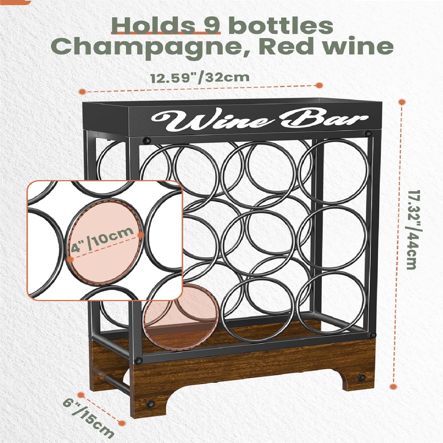 9 Bottles Wine Racks Countertop Freestanding with Top Tray, Modern Black Metal &Wood, 3 Tier Tabletop Wine Holder Stand for Home Kitchen Bar, Cabinet, Pantry, Wine Bottle Storage