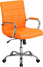 EMMA + OLIVER Mid-Back Orange Vinyl Executive Swivel Office Chair with Chrome Base and Arms