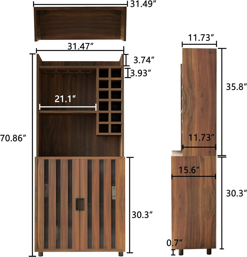 Wine Cabinet with 12 Wine Bottle Racks, 70'' Wine Bar Cabinet Bar Cabinet Tall with Storage, Modern WoodenTall Liquor Cabinet with Glass Holder for Home, Brown