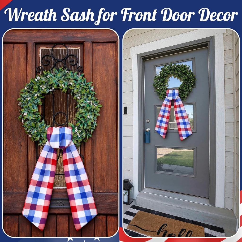 VitalCozy 4th of July Check Wreath Sash for Front Door Wreath Satin Sash Red Blue White Patriotic Embroidery Monogram Garland Ribbon Accessories 250th Anniversary Independence Day Party Indoor Outdoor