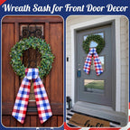 VitalCozy 4th of July Check Wreath Sash for Front Door Wreath Satin Sash Red Blue White Patriotic Embroidery Monogram Garland Ribbon Accessories 250th Anniversary Independence Day Party Indoor Outdoor
