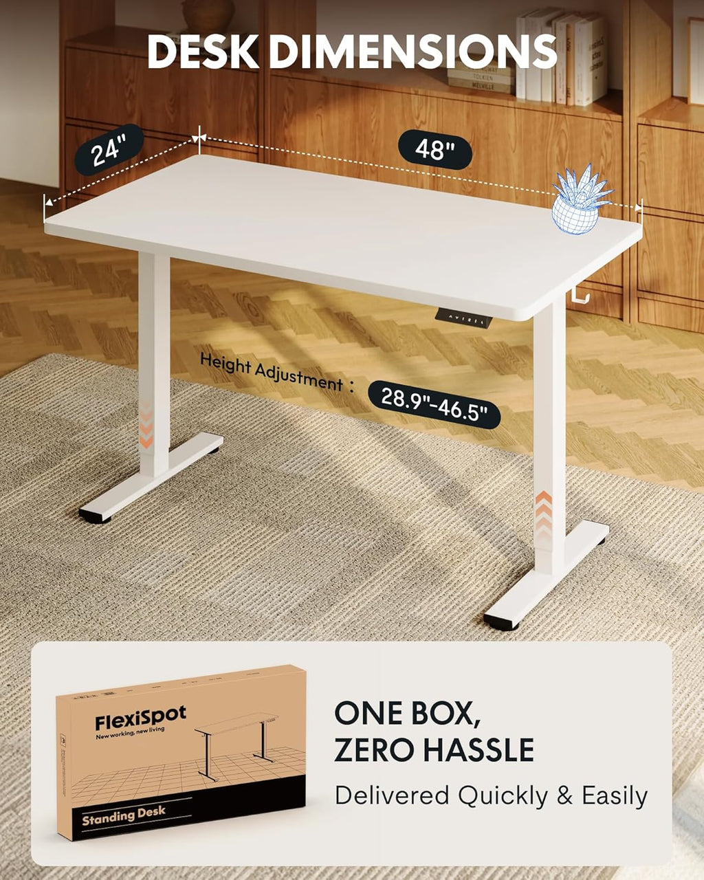 FLEXISPOT EN1 One-Piece Standing Desk, 48"x24" Seamless Desktop Electric Height Adjustable Desk for Home Office, Multi-Monitor Setups & Easy Assembly, White
