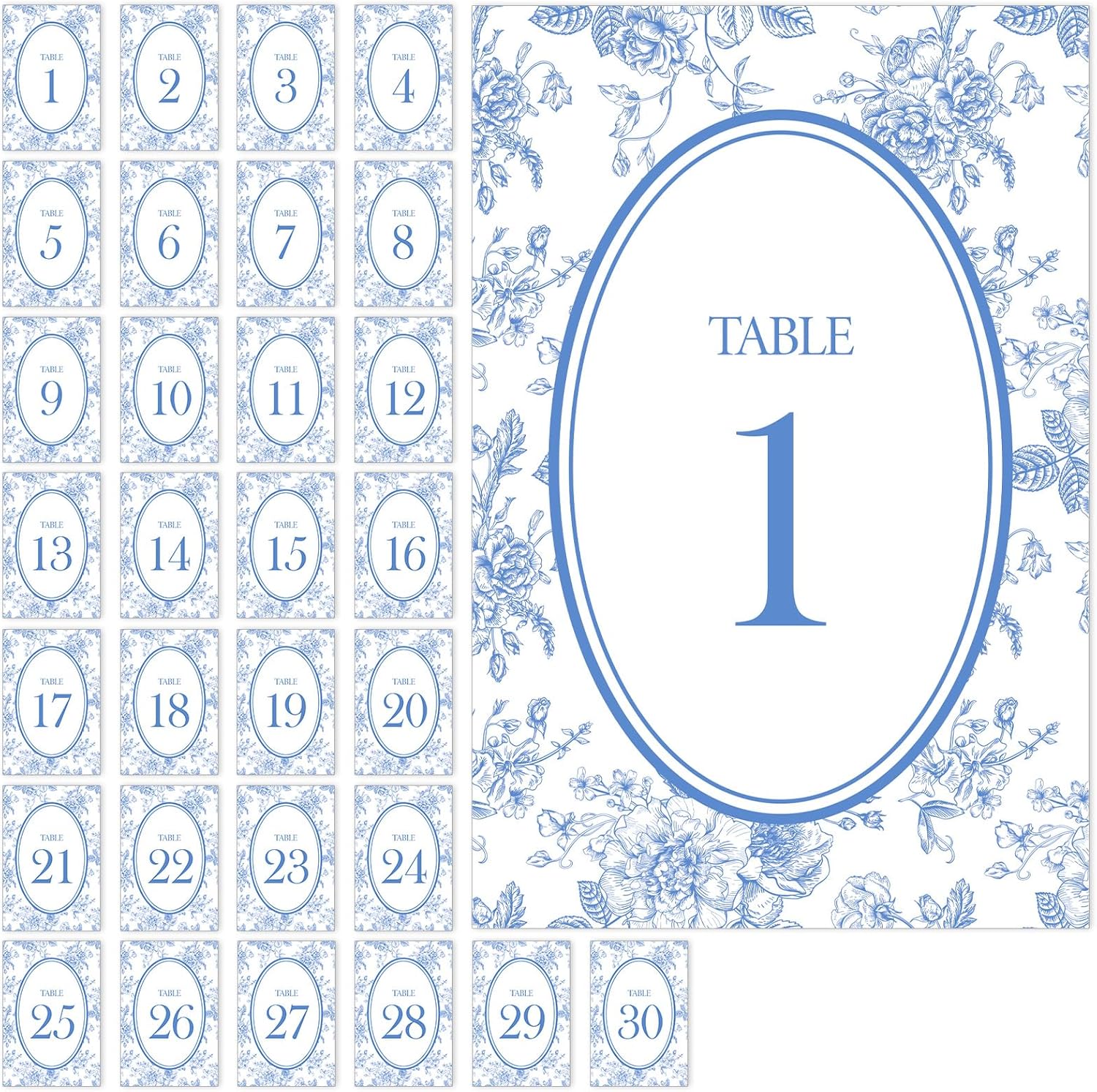FYSUIMU Wedding Table Numbers 1-30 Chinoiserie Flower Number Place Cards 4 x 6 Inch Blue Floral Table Number Labels for Birthday Bridal Baby Shower Reception Party