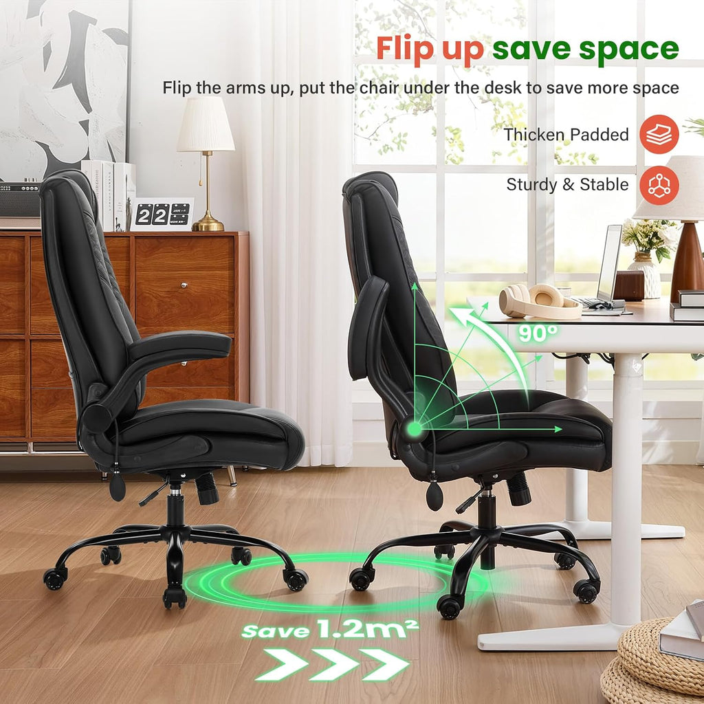 500lbs Big and Tall Office Chair with Inflatable Lumbar Support, Rubber Wheels Executive Chair with Rocking Function, High Back Wide Cushion Leather Ergonomic Computer Desk Chair for All-Day Sitting