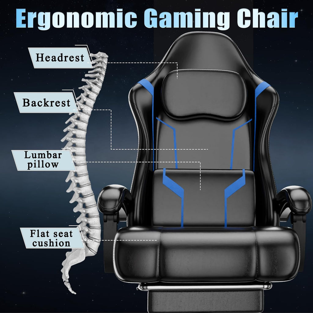 Ergonomic Gaming Chair, Video Game Chair with Pocket Spring Cushion and Footrest, Height Adjustable Computer Chair with Swivel Seat and Headrest (Blue)