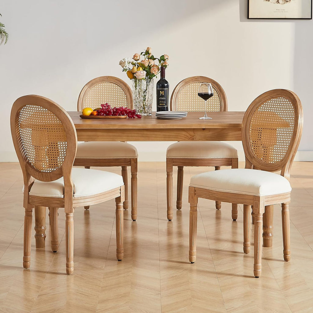 Virabit French Dining Chairs Set of 4, Hand-Woven Rattan Farmhouse Upholstered Dining Chairs with Curved Backrest and Beautifully Carved Solid Wood Frame for Living Room, Kitchen, Restaurant