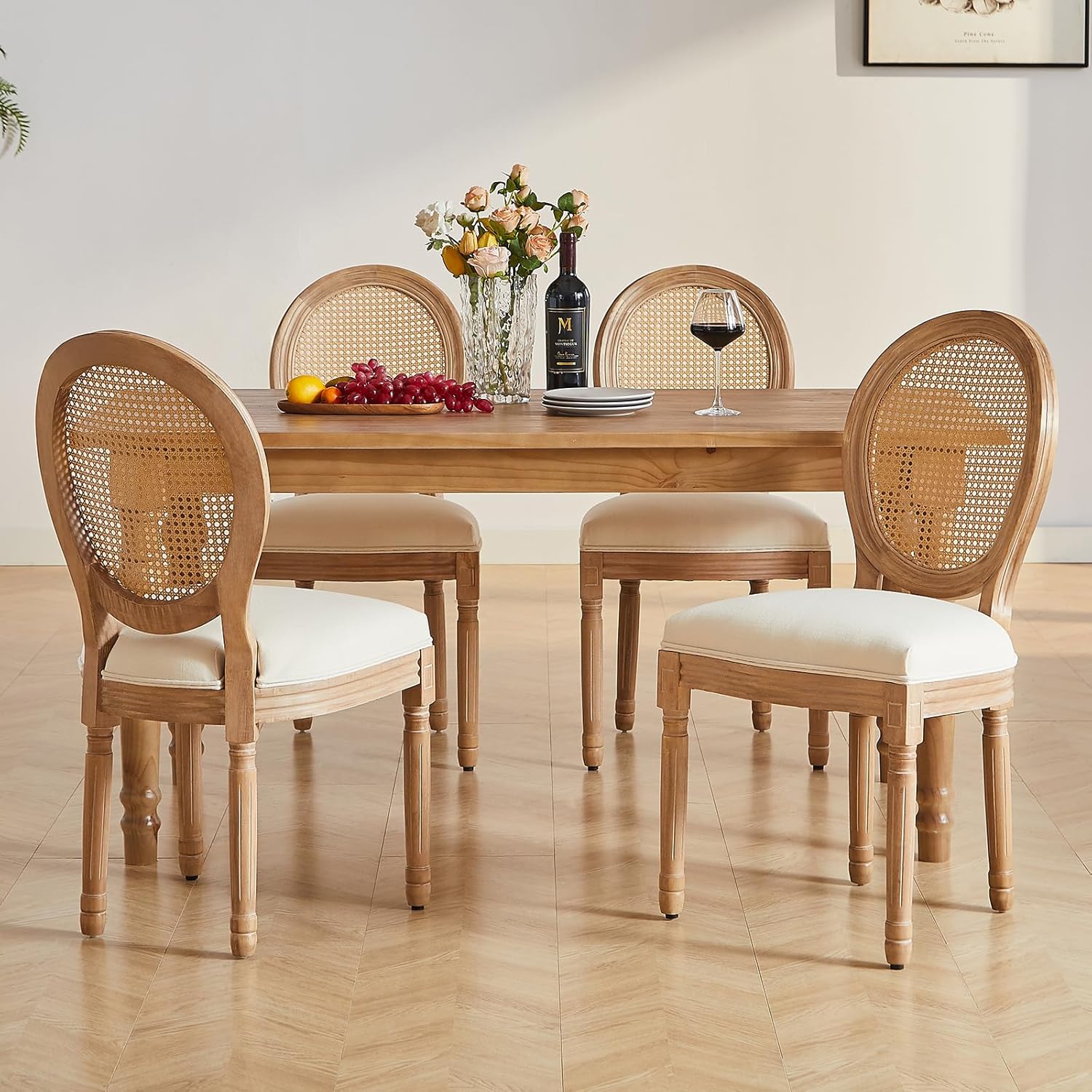 Virabit French Dining Chairs Set of 4, Hand-Woven Rattan Farmhouse Upholstered Dining Chairs with Curved Backrest and Beautifully Carved Solid Wood Frame for Living Room, Kitchen, Restaurant