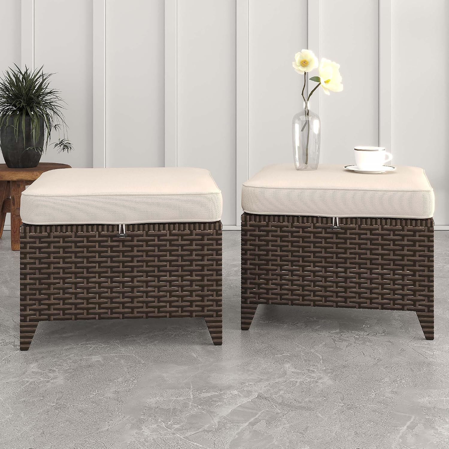 Patio Ottomans 2 Pieces, Outdoor 22" x 22" PE Wicker Ottoman with Removable Waterproof Cushions, All Weather Rattan Foot Stool Furniture for Deck, Porch, Backyard, Balcony, Poolside
