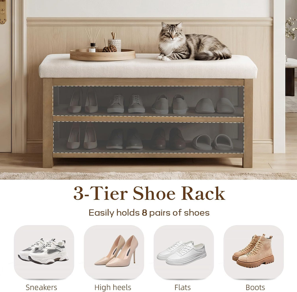 Zihanhome 2 Tier Shoe Rack Bench with Cushion, Solid Wood Shoe Benches, Mid-Century Modern Shoe Storage Bench for Entryway, Hallway, Living Room, Closet, Front Door Entrance, (Beige, 39.4")