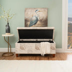 Linon Carmen Ivory and Beige Seashell Upholstered Lift Top Storage Ottoman with Wooden Feet