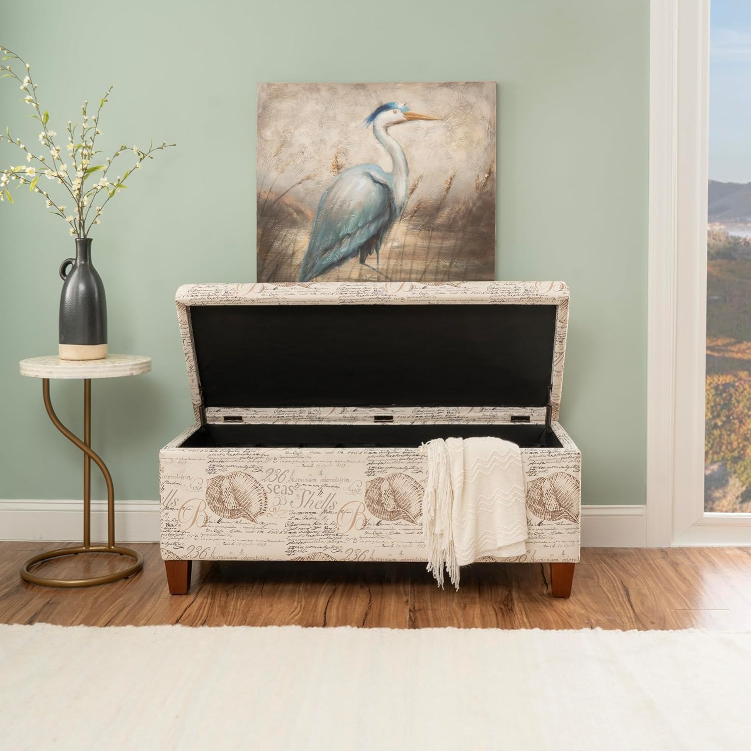 Linon Carmen Ivory and Beige Seashell Upholstered Lift Top Storage Ottoman with Wooden Feet