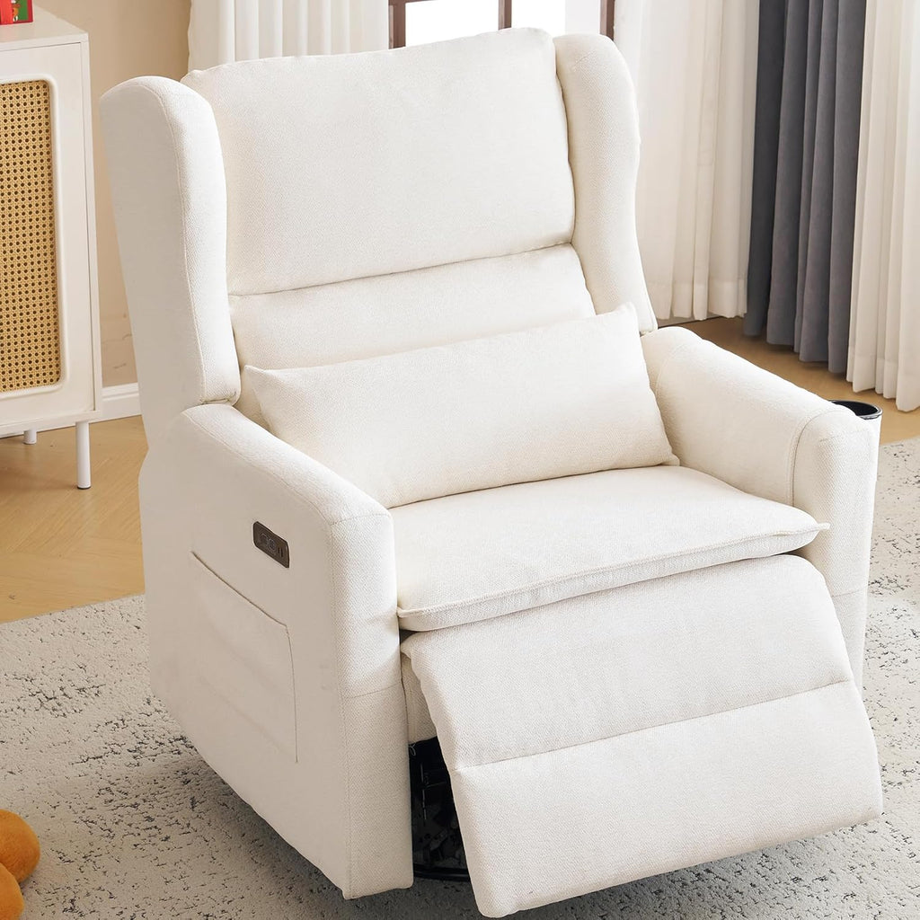 Oversized Swivel Rocker Recliner with Lumbar Cushion, Power Recliner Nursery Chair with Adjustable Headrest, Nursery Glider Recliner for Living Room, White