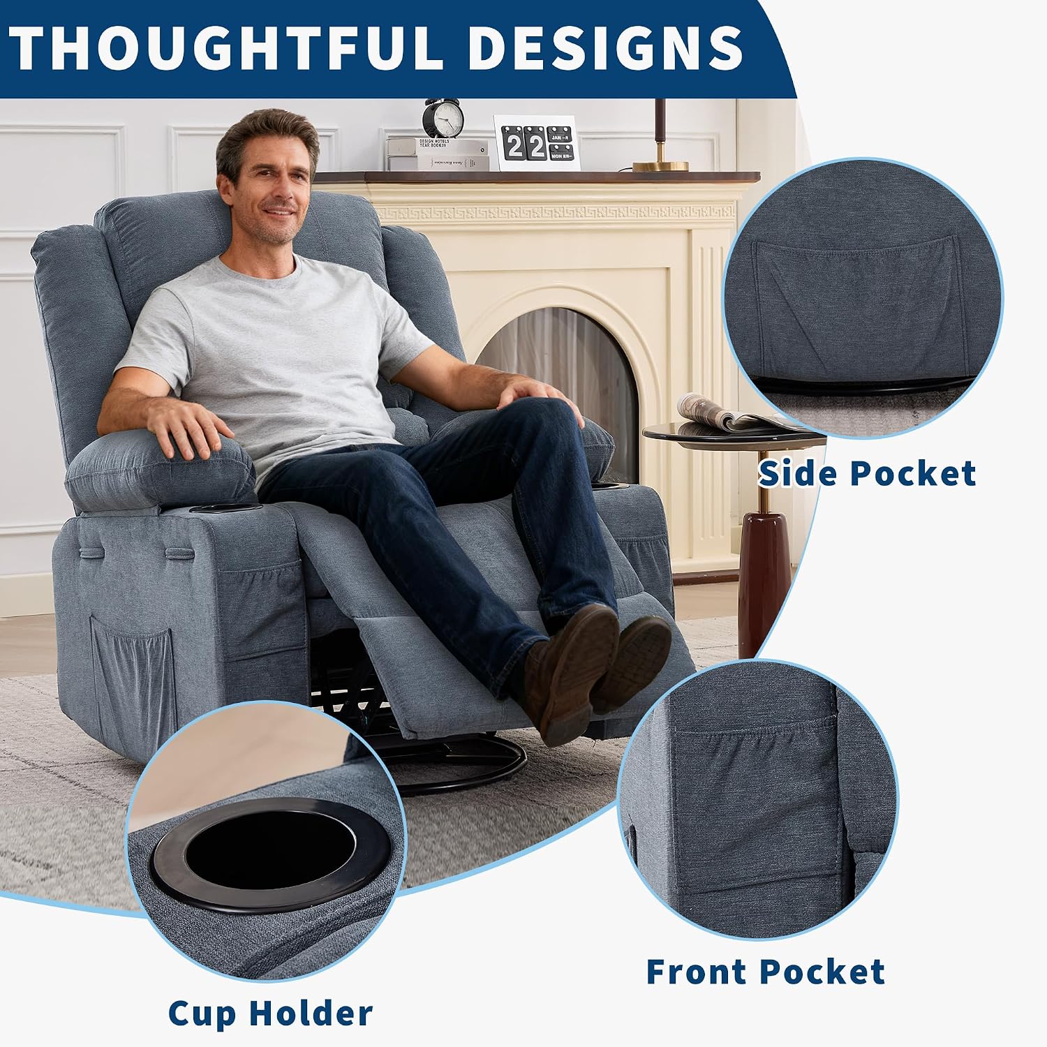Garvee Rocking Recliner Chair Lazy boy Swivel Nursery Rocker for Adults | Wide 360° Recliner with Cup Holder Glider with Upholstered Deep Seat Linen Lazy boy chair for Living Room Blue