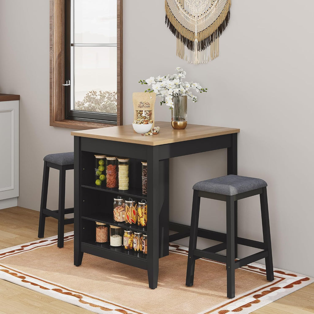 HLR 3-Piece Dining Table Set for 2 Person, Small Farmhouse Kitchen Table with 2 Bar Stools, Wood Dinner Table with Storage Shelves for Dining Room, Apartment, Small Space, Breakfast Nook, Black