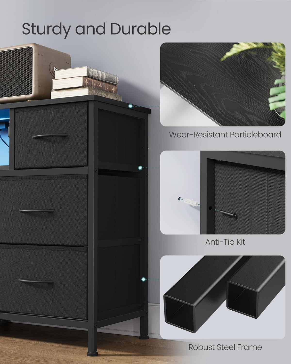 SONGMICS BELLAH Collection - Dresser for Bedroom with Outlets and LED Lights, TV Stand for TVs Up to 55 Inches, Chest of Drawers, 8 Drawers, Steel, Industrial, Modern, Ink Black ULGS433BH02S