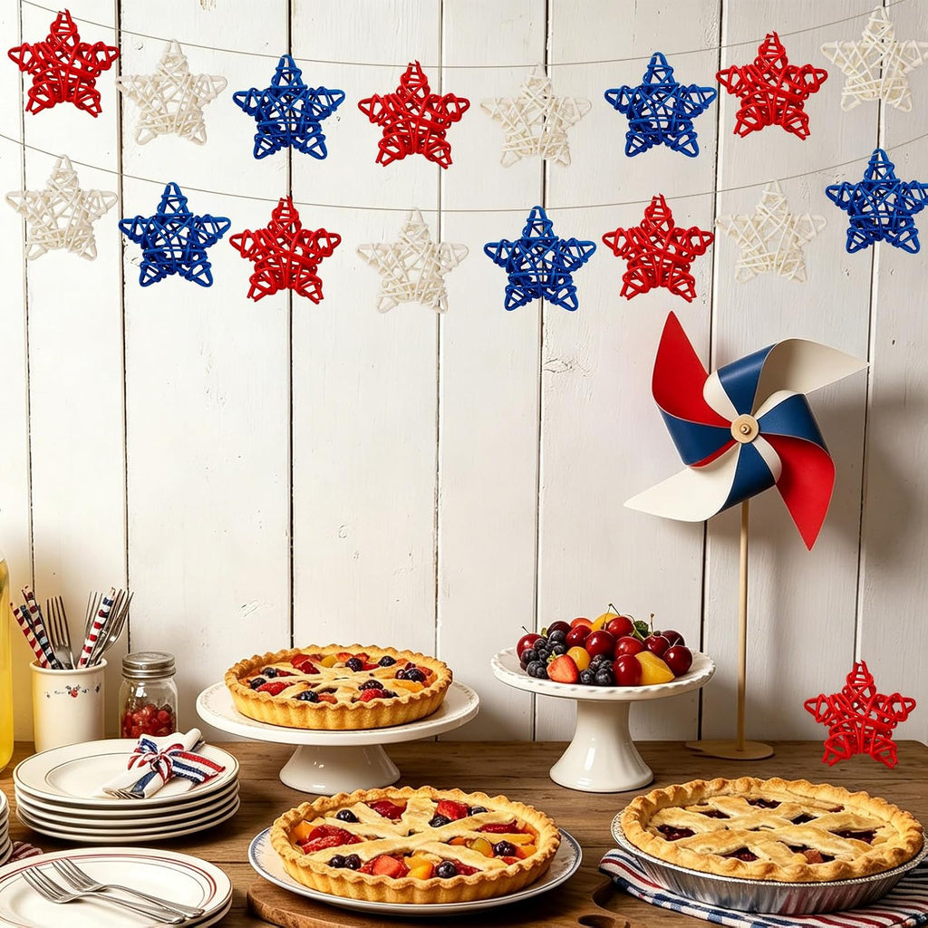 24Pcs 4th of July Rattan Stars Decoration Red White Blue Wicker Star Ornaments Patriotic Independence Day Home Decor for Vase Bowl Filler Table Centerpiece Party Decor DIY Craft