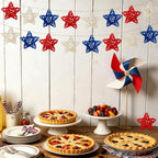 24Pcs 4th of July Rattan Stars Decoration Red White Blue Wicker Star Ornaments Patriotic Independence Day Home Decor for Vase Bowl Filler Table Centerpiece Party Decor DIY Craft