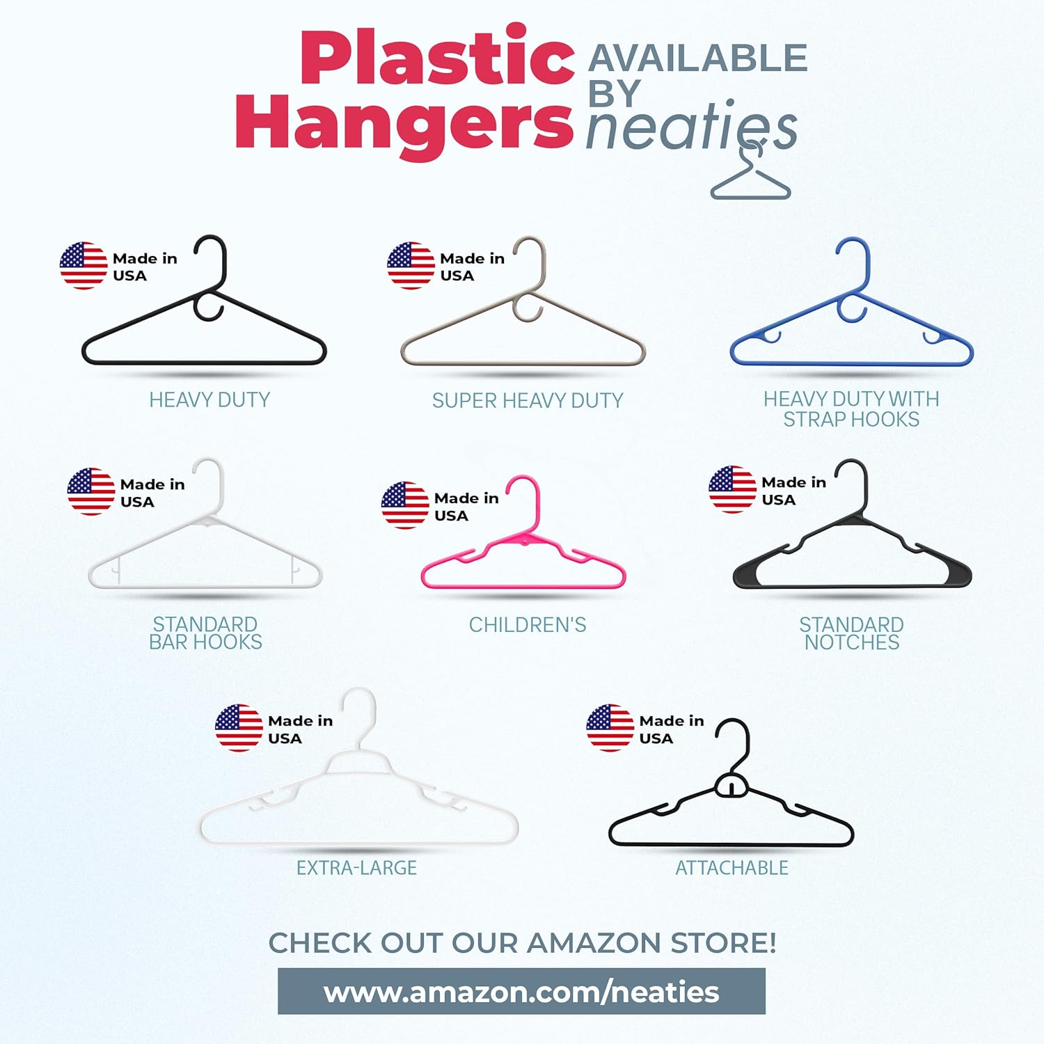 Plastic Hangers 20 Pack – Made in The USA – 6lb Capacity Standard Clothes Hangers with Strap Hooks for Dresses, Lingerie, Shirts, Pants, and Jackets – White