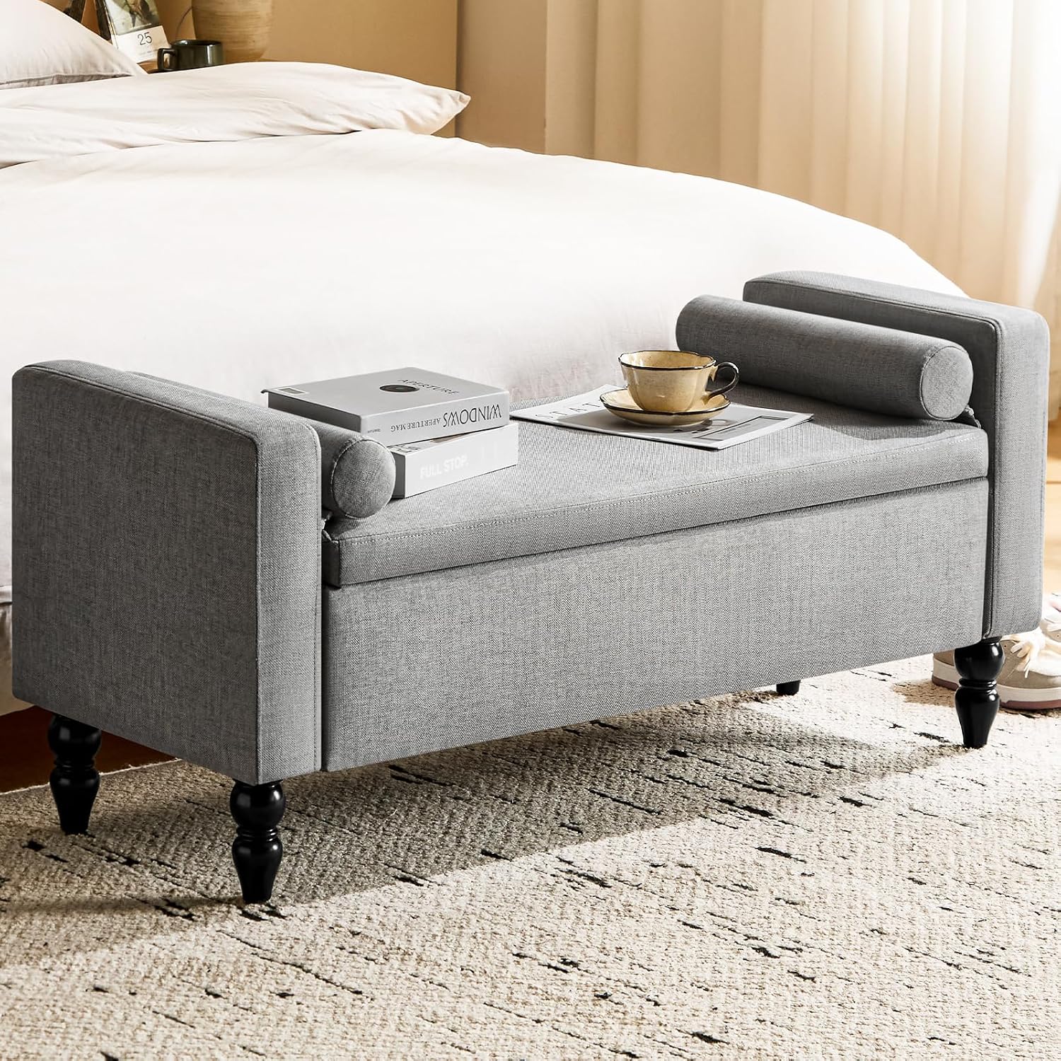 Large Storage Ottoman Bench, 45.7" Linen Upholstered Entryway Bench with Solid Wood Legs, End of Bed Bench, Shoe Bench, Ottoman Storage Chest for Bedroom/Living Room/Entryway,Grey