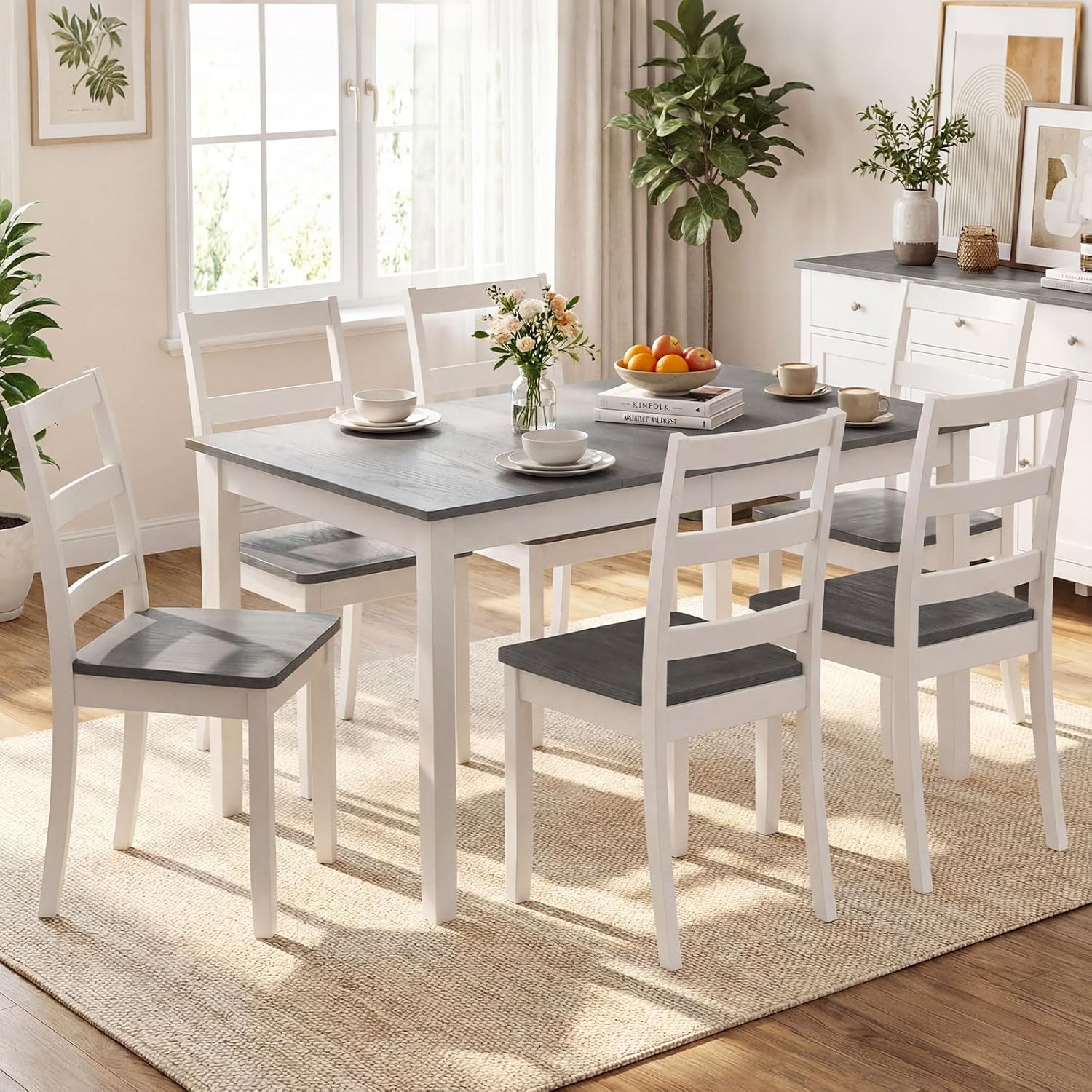 Giantex Dining Table for 4-6, 60" Rectangular Kitchen Table with Solid Rubber Wood Legs, Farmhouse Wooden Dinner Table for Dinette, Home Office, Living Room (Gray)