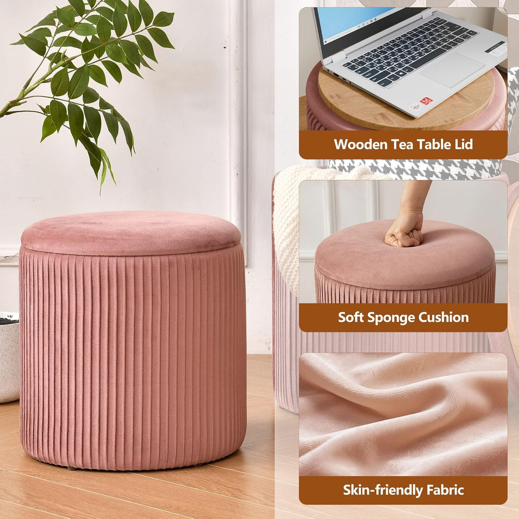 Ottoman with Storage Set of 2, Velvet Round Storage Ottoman, Upholstered Sponge Vanity Stool Support 300lbs, Multifunctional Coffee Table Foot Rest Ottoman for Living Room Bedroom, Pink