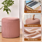Ottoman with Storage Set of 2, Velvet Round Storage Ottoman, Upholstered Sponge Vanity Stool Support 300lbs, Multifunctional Coffee Table Foot Rest Ottoman for Living Room Bedroom, Pink