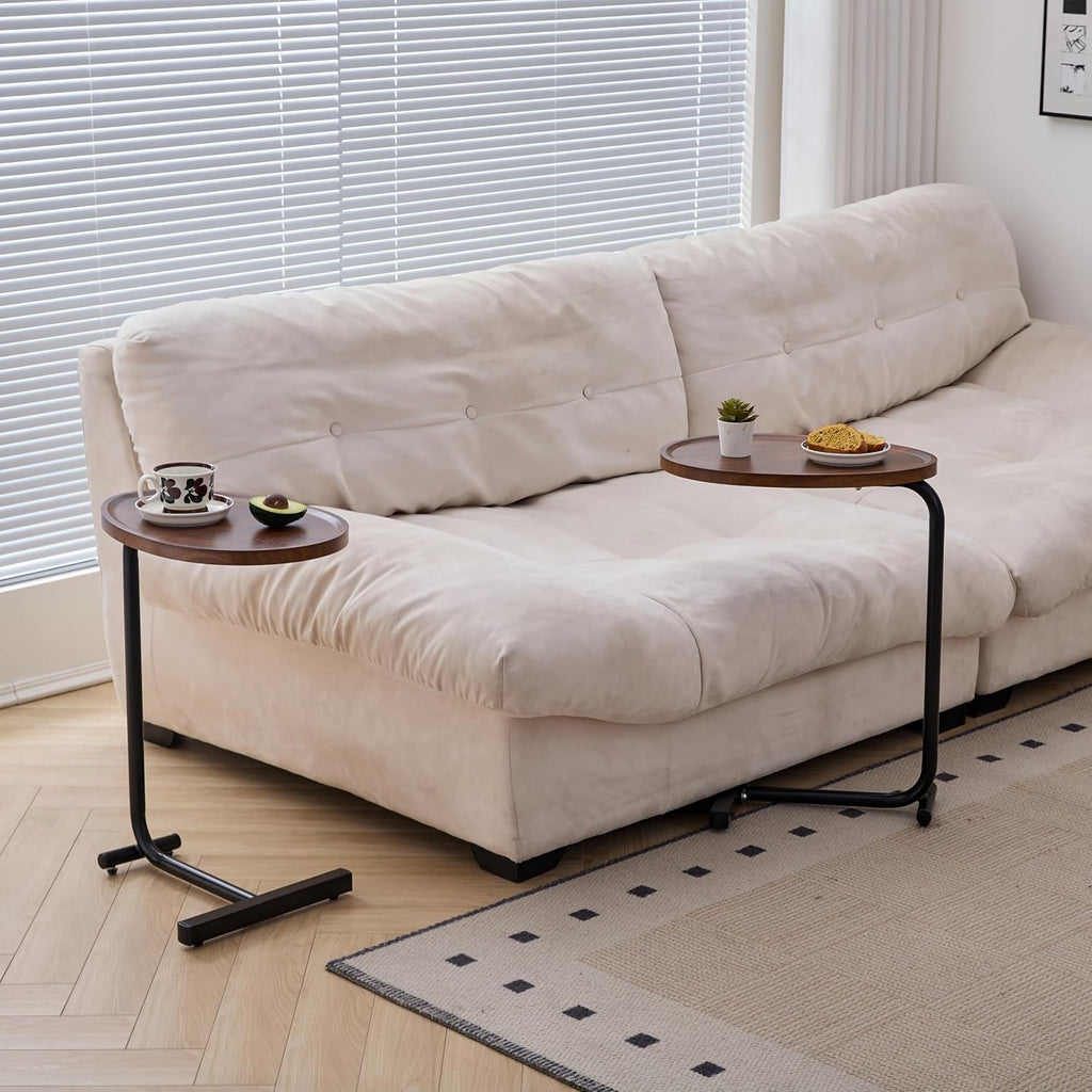 C-Shaped Side Table, Modern Minimalist Wooden Tray End Table, Mobile Snack Table with Wheels for Sofa, Coffee Cup & Fruit Stand