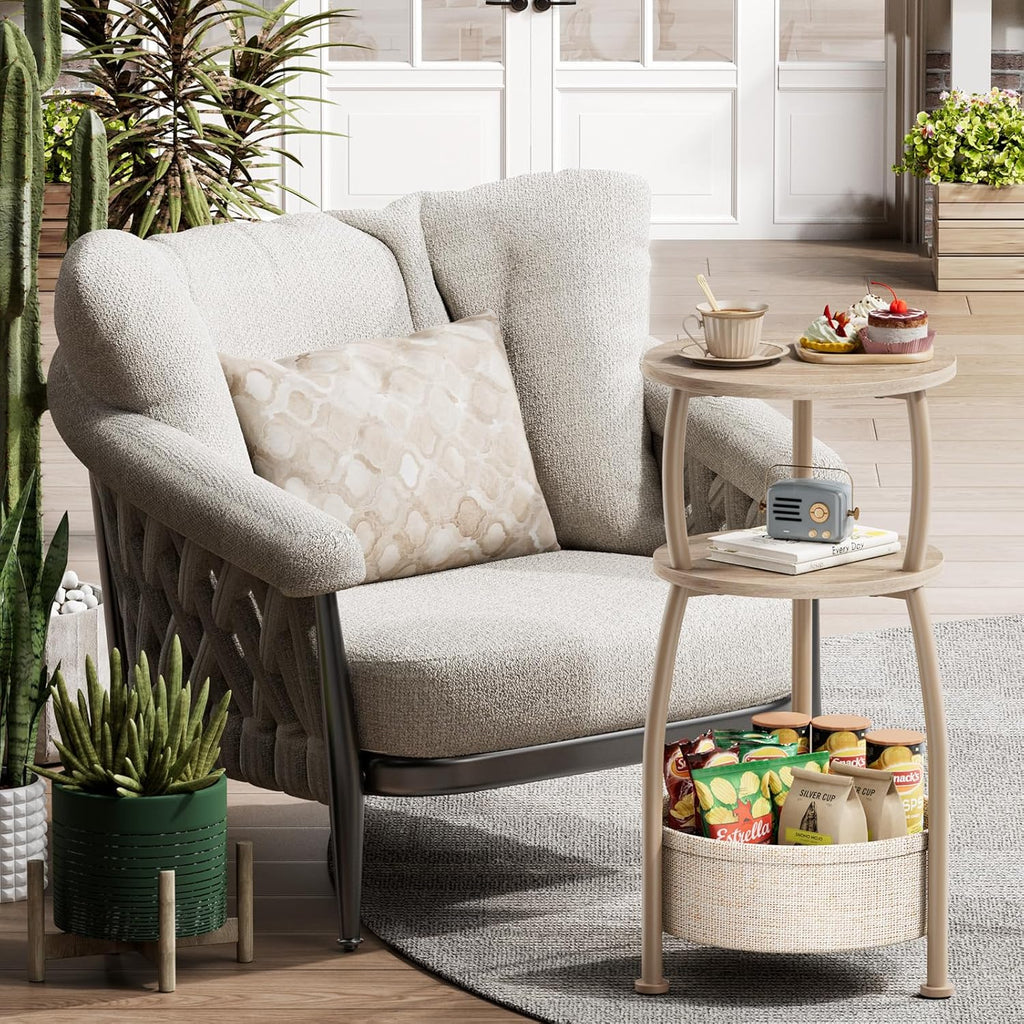 Small Side Table with Storage Basket, Space Saving Round End Table 3-Tier Bedside Corner Stand for Living Room, Bedroom, Garden and More 11.81in Light Oak