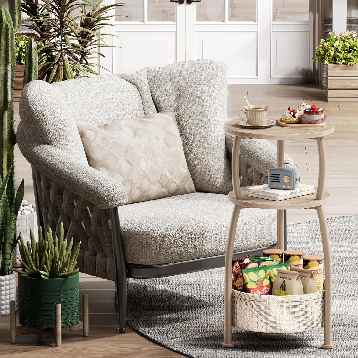 Small Side Table with Storage Basket, Space Saving Round End Table 3-Tier Bedside Corner Stand for Living Room, Bedroom, Garden and More 11.81in Light Oak
