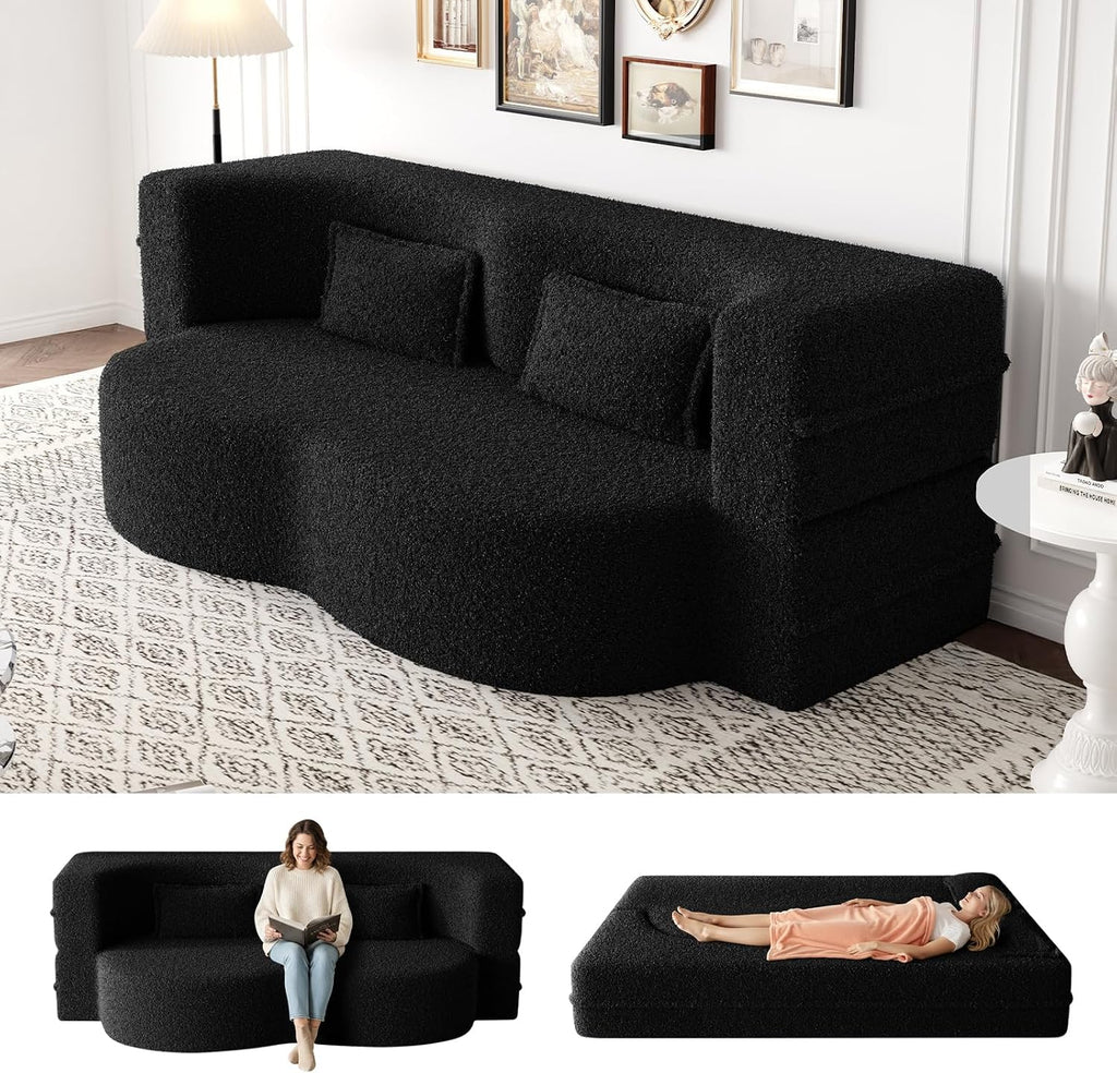 CAPCAEK Folding Sofa Bed,15" Full Size Boneless Couch for Living Room, Teddy Fabric Foam-Filled, Convertible Loveseat Sleeper Sofa Bed (Black-Teddy)