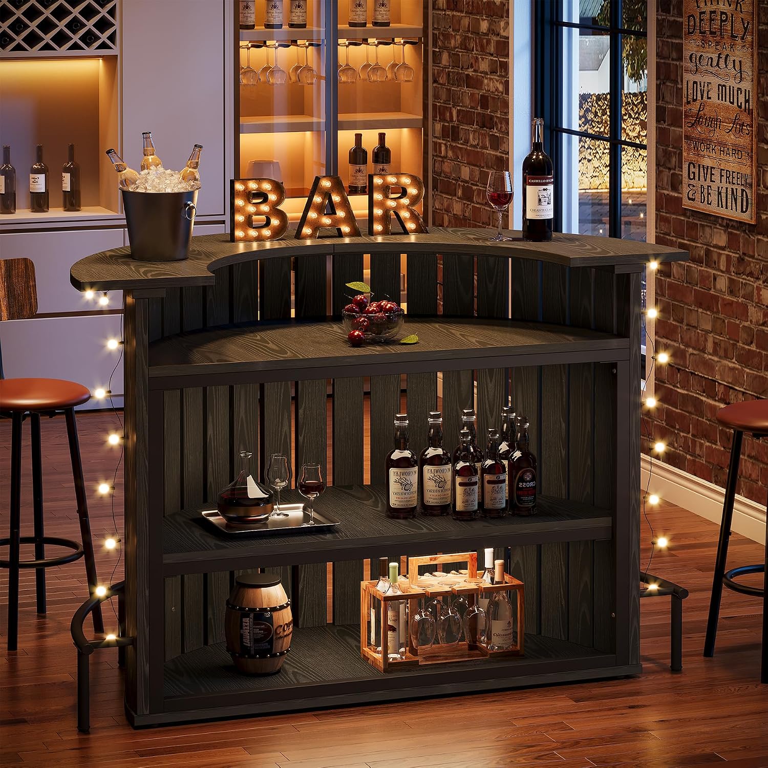 4-Tier Bar Table, 39.4" H Home Bar Unit with Footrest, Arc-Shaped Mini Bar Table, Modern Wine Bar Cabinet for Home Pub, Living Room, Black
