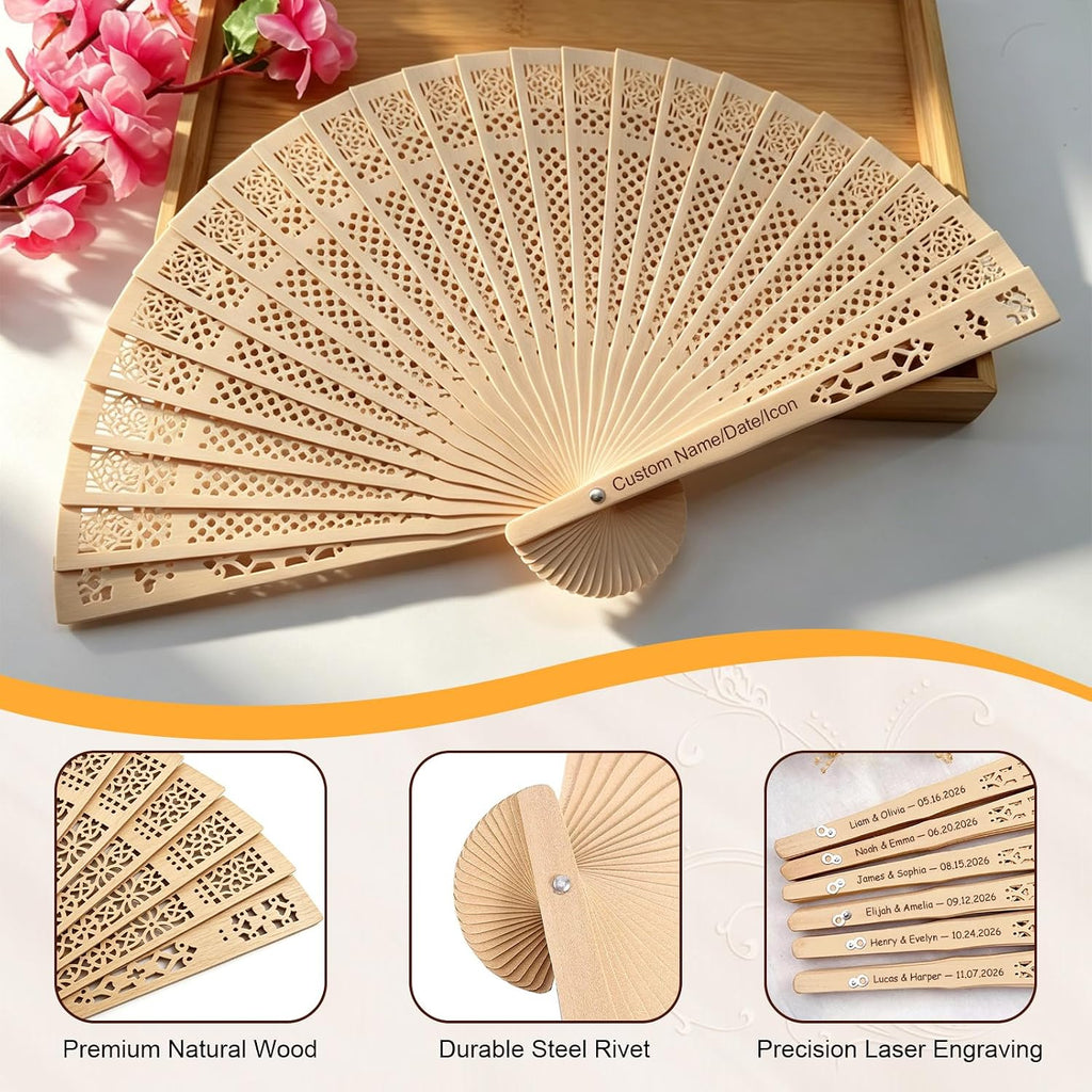 Personalized Wedding Fans for Guests, Custom Wooden Folding Hand Fans, Engraved Name Date, Bulk Wedding Favors Gifts