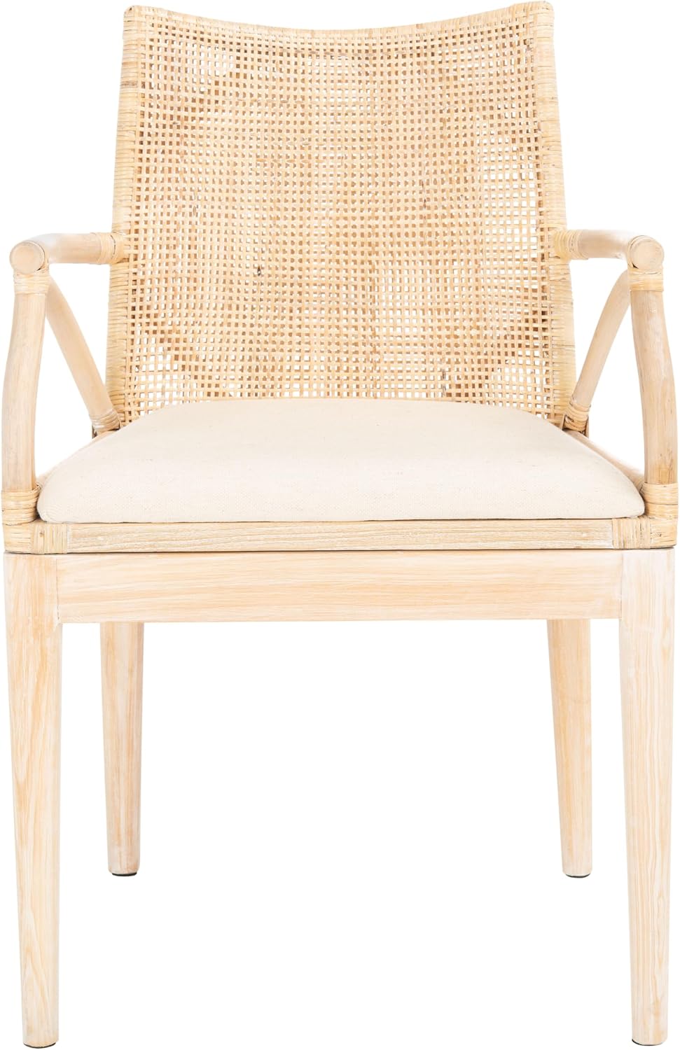 SAFAVIEH Home Collection - Gianni Natural & White Wash Solid Wood Rattan Arm Chair, Tropical Coastal Accent Seating for Living Room or Dining Space (SEA4011B)