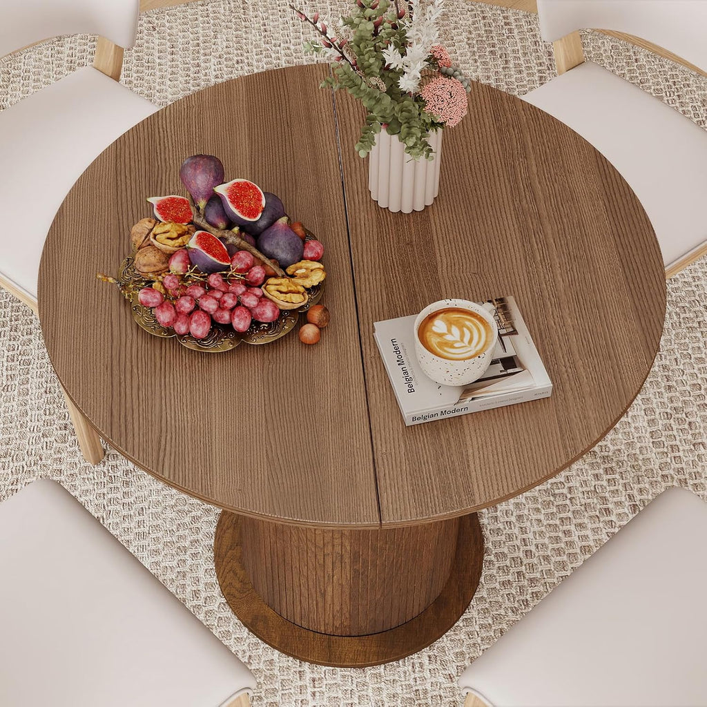 Round Dining Table with Storage,31.5" Modern Storage Kitchen Table for 2-4 People with Curved Sliding Door Fluted Wood Thickened Tabletop for Dining Room/Kitchen/Living Room,Brown