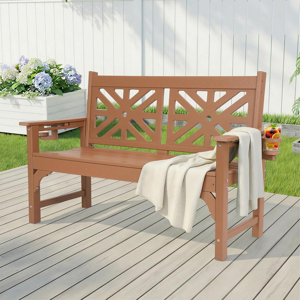 Outdoor Bench with Cup Holders, HDPE 2-Person All-Weather Patio Bench, 660 lbs Capacity, Fade & Rot Resistant for Porch Backyard Park, Brown