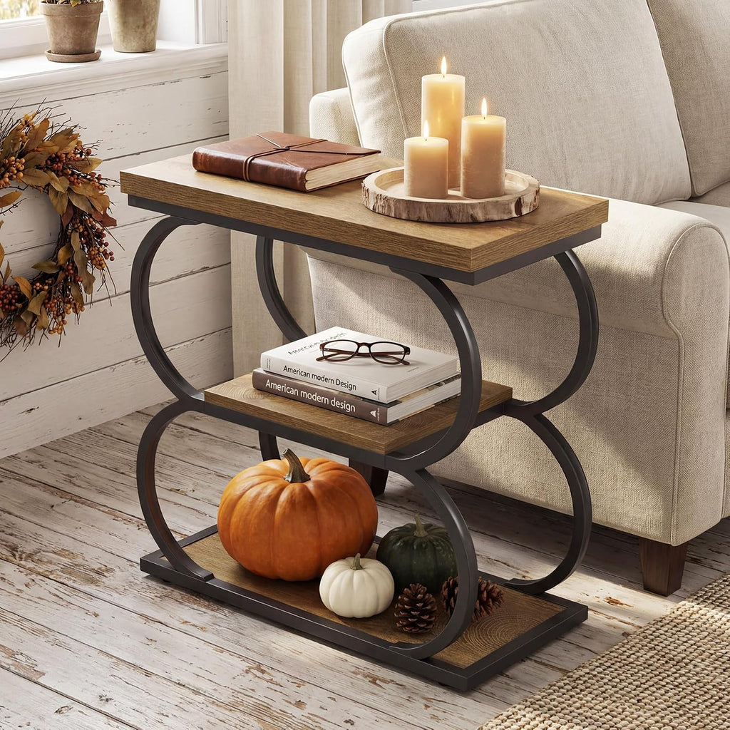 LITTLE TREE Narrow Side Table, 3-Tier Skinny Wooden End Table for Living Room, Slim Metal Nightstand for Small Space, Couch, Bedside, Home Office, Rustic Brown