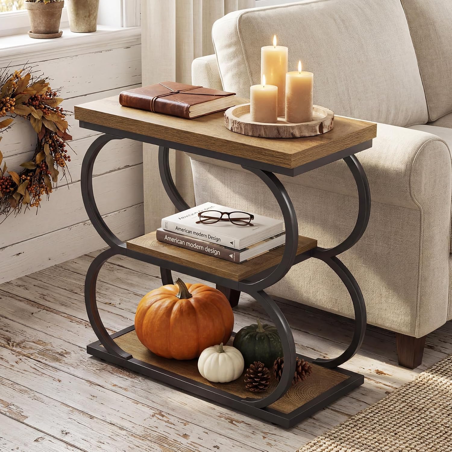 LITTLE TREE Narrow Side Table, 3-Tier Skinny Wooden End Table for Living Room, Slim Metal Nightstand for Small Space, Couch, Bedside, Home Office, Rustic Brown