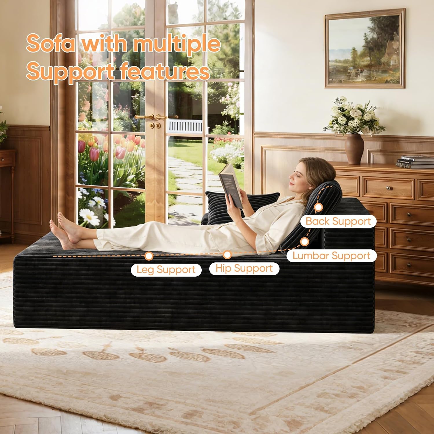 67" Sofa Bed, Boneless Chaise Lounge Chair, Plush Corduroy Upholstered Sofa Couch Bed with Pillows, Lazy Chair for Living Room Bedroom Guest Room (Black, Left Facing Chaise)