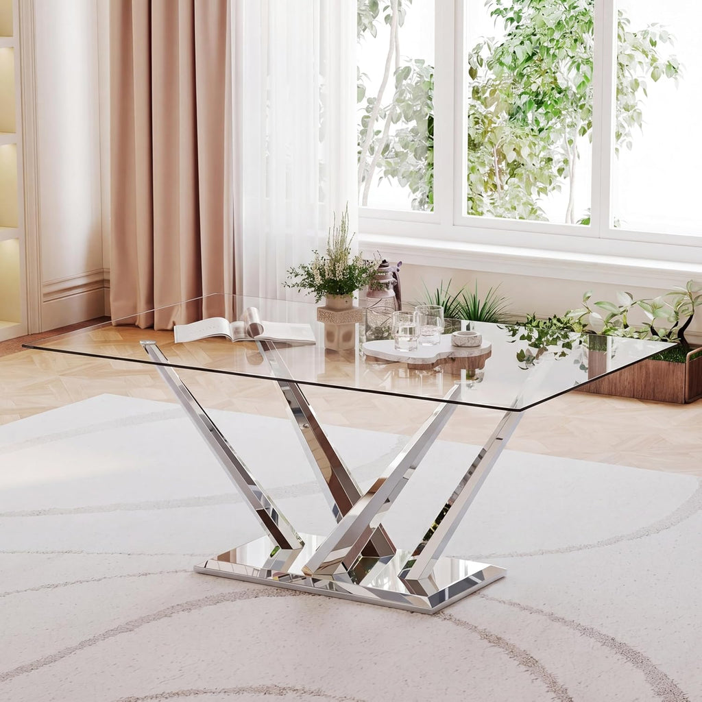 Rectangle Glass Dining Table for 4-6, 62" with Tempered Glass Table Top and Crossed Stainless Steel Base, Modern Kitchen Table for Home, Kitchen, Dining Room, Silver