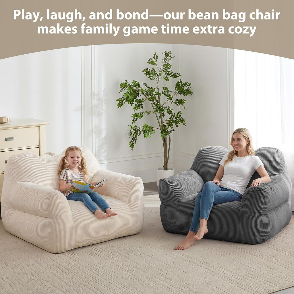 HUGHEAVEN Big Bean Bag Chair for Adults, Giant Oversized Bean Bag Couch, Comfy Reading Chair with Armrests, Soft Cozy Chair for Bedroom, Lounge Sofa for Gaming, Napping & Relaxing, Grey