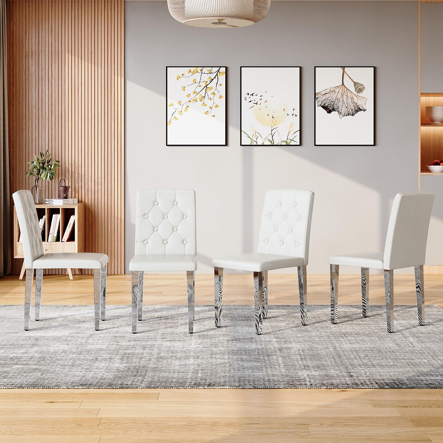 Modern Dining Chairs Set of 4, Button Tufted Upholstered Parsons Chairs with Silver Metal Legs, White PU Leather Kitchen Chair for Dining Room, Kitchen, Restaurant