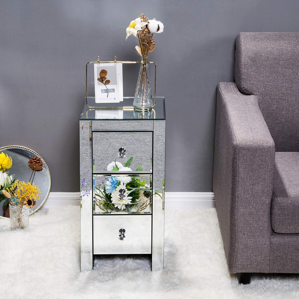 3 Drawer Mirrored Nightstand, Silver Glass Bedside Table with Crystal Knobs, Fully Assembled End Table for Bedroom, Living Room, Glam Accent Furniture, 11.8" x 11.8" x 23.6"