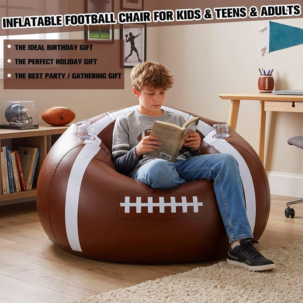 34" Inflatable Football Bean Bag Chair for Kids & Teens with Cup Holders Boys Room Decor PVC Blow up Bean Bag Chair Inflatable Gaming Couch for Boys Video Game Bedroom Camping Night Party
