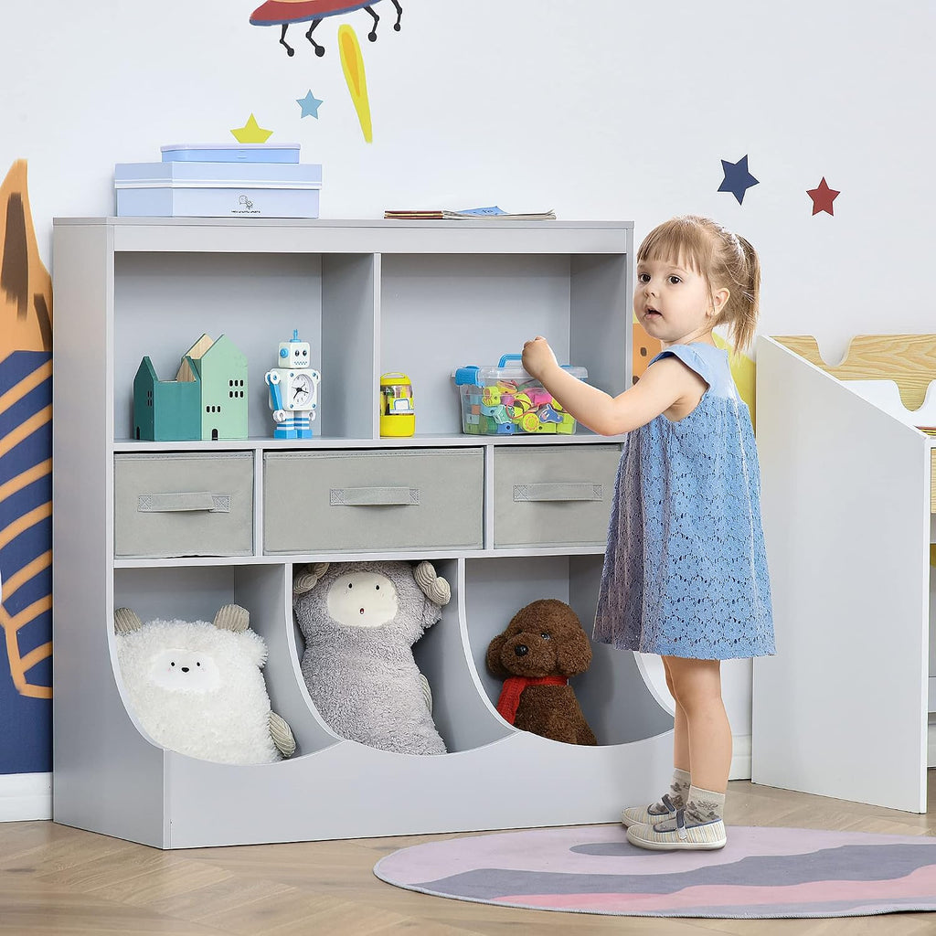 Bookcase, Toy Storage Organizer Cabinet, Children Display Bookshelf with Drawers for Toys, Clothes, Books, Grey
